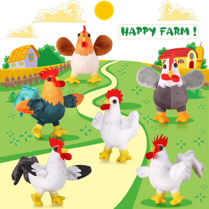 Kasyat 6 Pieces Mini Plush Furry Farm Animal Toys Soft Horse Pig Cattle Rabbit Dog Sheep Doll Stuffed Plush Farm Animals for Birthday Party Decoration(Chicken and Rooster)