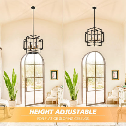 WJShome 4-Light Black and Gold Chandelier, Farmhouse Lantern Pendant Light, Industrial Ceiling Foyer Lighting Fixtures, Modern Chandeliers for Dining Room, for Kitchen Island Entryway Staircase