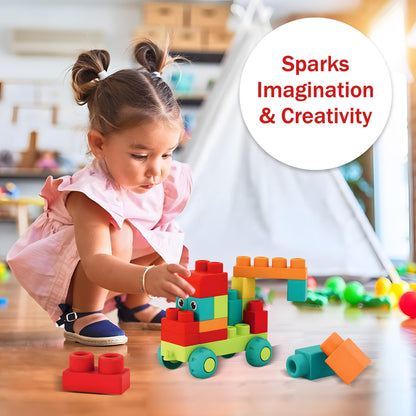 Soft Building Blocks Bundle - STEM Montessori Preschool Stacking Sensory Toys: 42-Piece Rubber Construction Blocks Bag with Storage + Silicone Rainbow Stacker & Nesting Blocks (7 PCS), Colorful Creati