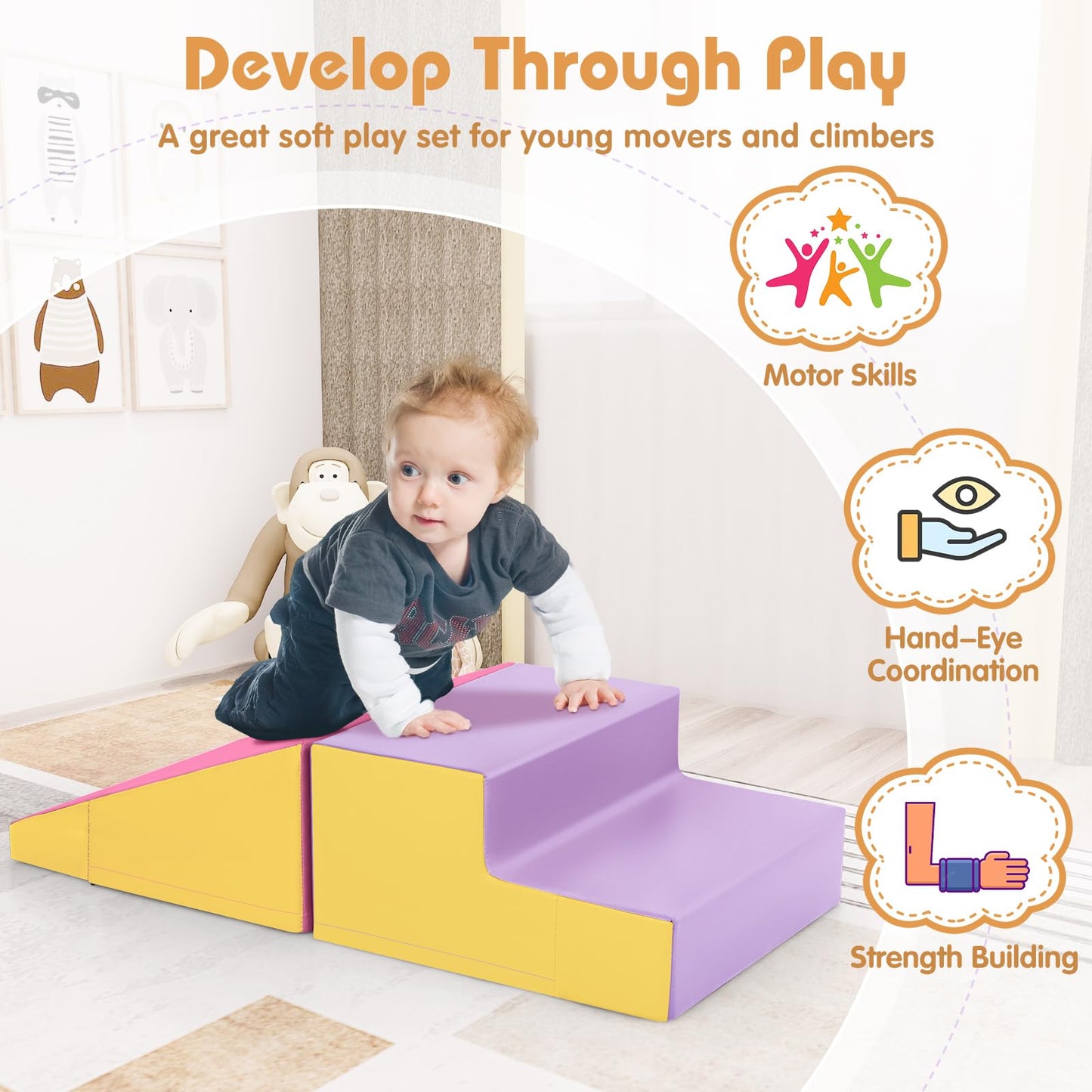 Costzon Climbing Toys for Toddlers, Soft Play Set for Crawling, Climbing, Sliding, Indoor Active Play, 2 PCS Foam Climbing Blocks for Infants Baby Kids (Rose+Yellow)