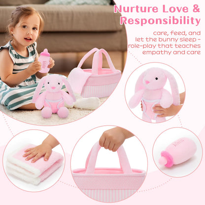 MaoGoLan 5pcs Baby Bunny Doll Set Bunny Plush Toys for Girls Kids, Pink Bunny Stuffed Animal with Doll Accessories (Bassinet/Diaper/Bottle/Blanket), Pretend Play Toys, Gift for Little Girls