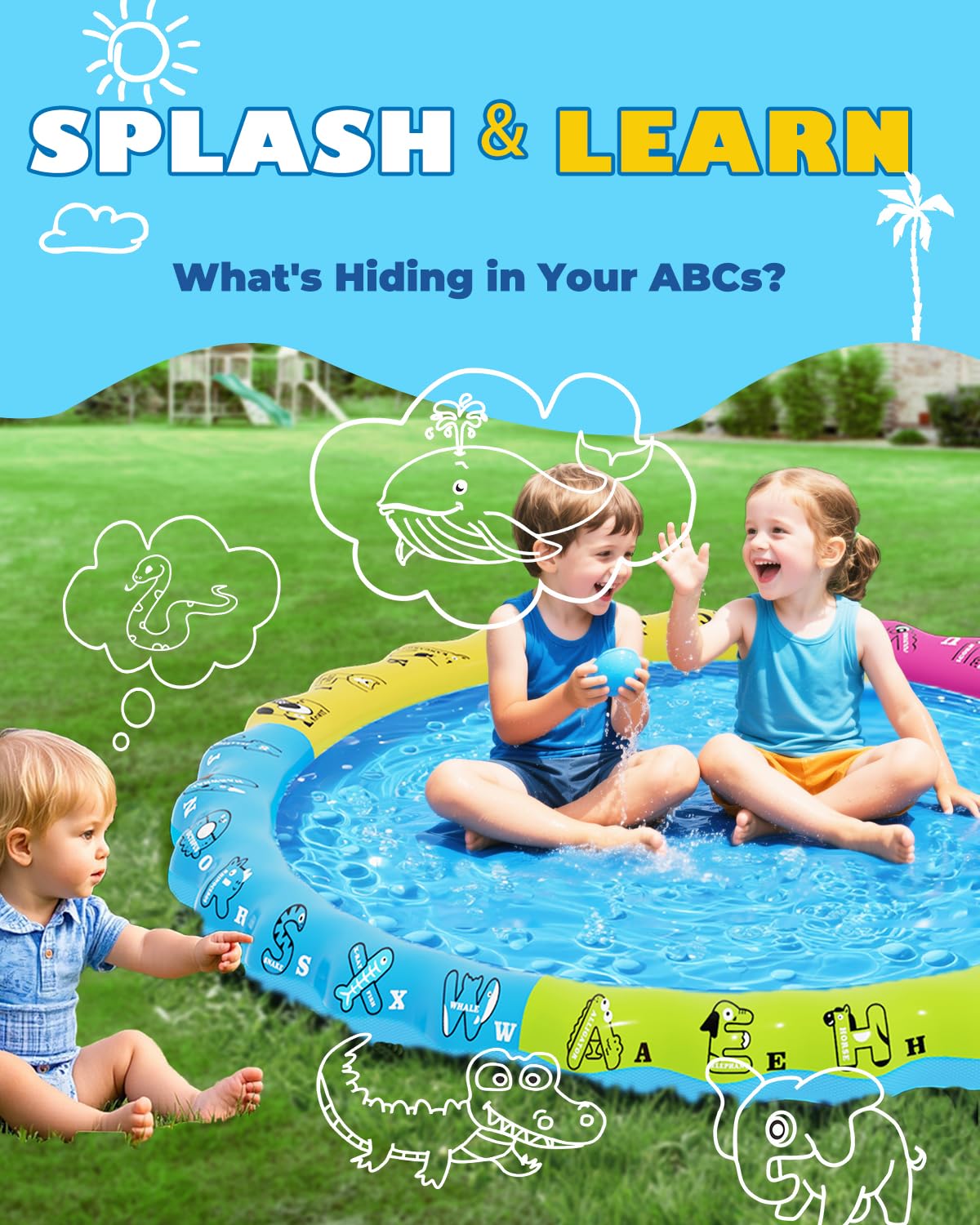 67" 3-in-1 Non-Slip Splash Pads for Toddlers 1-3 & Kids Ages 4-8, Baby Learning Pool, Sprinkler for Kids Summer Outdoor Water Toys, Game Mat with A-Z Letters