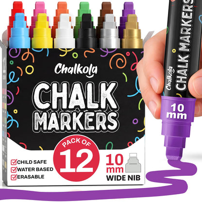 Chalkola Car Window Markers for Glass Washable - (10mm, 12 Pack w/Gold Silver) | Jumbo Liquid Chalk Markers for Blackboard, Chalkboard, Auto Mirror, Bistro Board — 3 in 1 Wide Nib Chalk Paint Pens