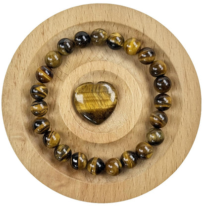 SAFEINA Tigers Eye Healing Crystal Stretch Bracelet for Women Men's Gifts, 8mm Stackable Beaded Bracelets with Heart Stones Set Stress Relief Yoga Reiki Gems