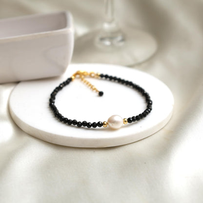 Gempires Black Spinel Beaded Bracelet with Pearl, Handcrafted Fresh Pearl and Gemstone Beads Adjustable Bracelet in 14k Hypoallergenic Gold Plated, Gift for Her (7.5 + 1 Inch Extender)