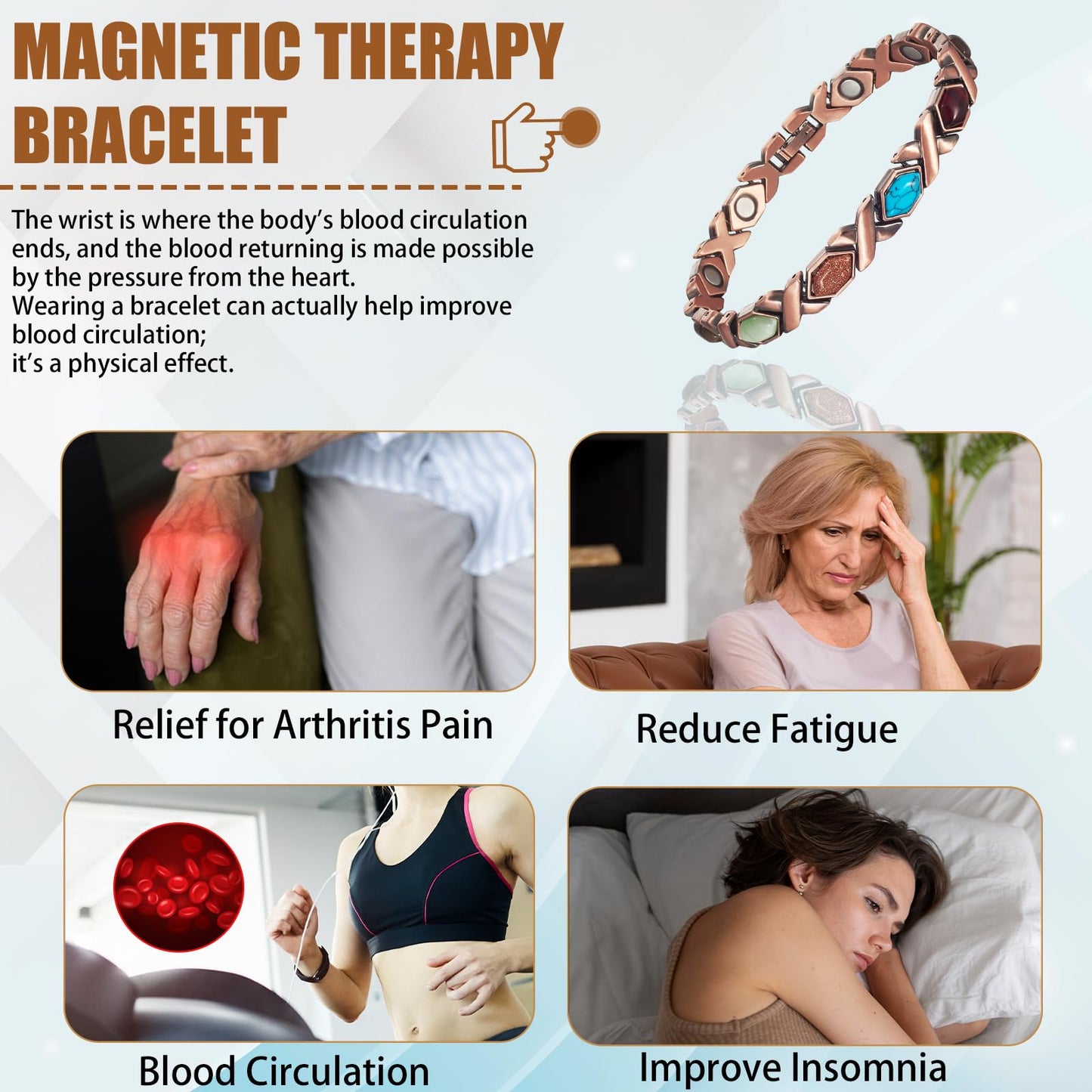 EnerCoppeX Copper Magnetic Bracelet for Women, Turquoise Detox Jewelry with 3500 Gauss Magnet (Type B)