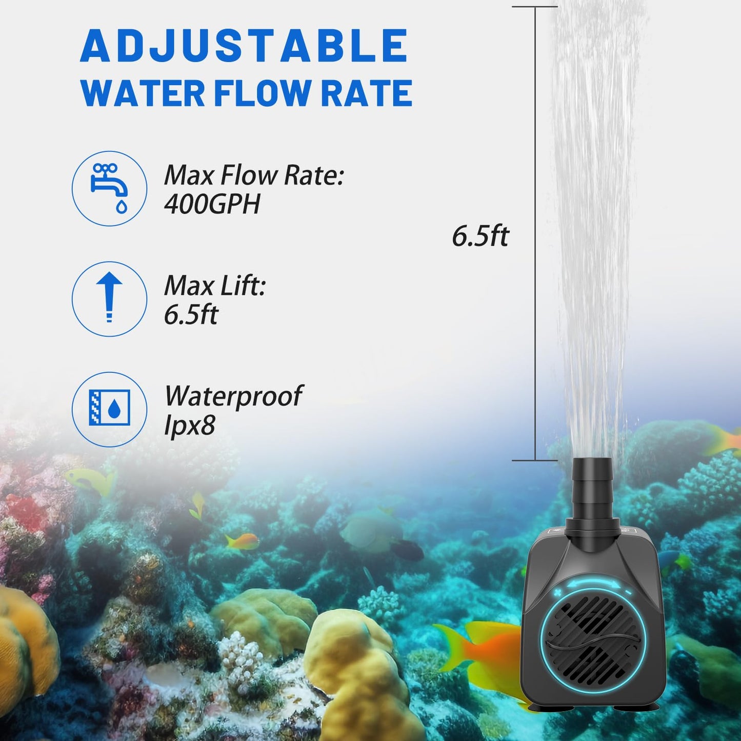 Knifel Submersible Water Pump, Ultra Quiet 400GPH(1500L/H,25W) Fountain Pump with Over Heating Protection 6.5ft High Lift, Pond Pump for Fish Tank, Pond, Aquarium, Statuary, Hydroponics