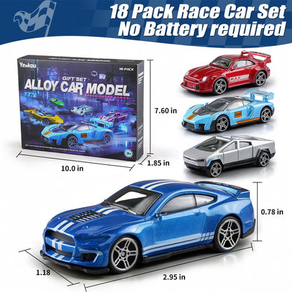 Yewkou Toys Cars 18-Pack, 1:64 Scale Die-Cast Metal Vehicles Set, Includes Pickup, Racing Cars,Sports Cars for Display or Play, Great Gift for Kids Age 3 Years and Up (18 Pack)
