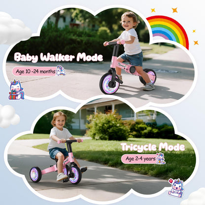 3 in 1 Toddler Balance Bike for 1-4 Year Olds, Colorful Lighting Baby Toddler Tricycle for 1 2 3 4 Year Old with Removable Pedals, Kids Bicycle Toy for Boys Girls Balance Training, Birthday Gift