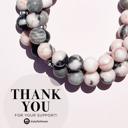 Joyfulmuze Zebra Jasper, Stretch Bracelets Natural Genuine Pink and Black Gemstones, Handmade Gift for Women and Men (Ocean-Pink-Black-Agate)