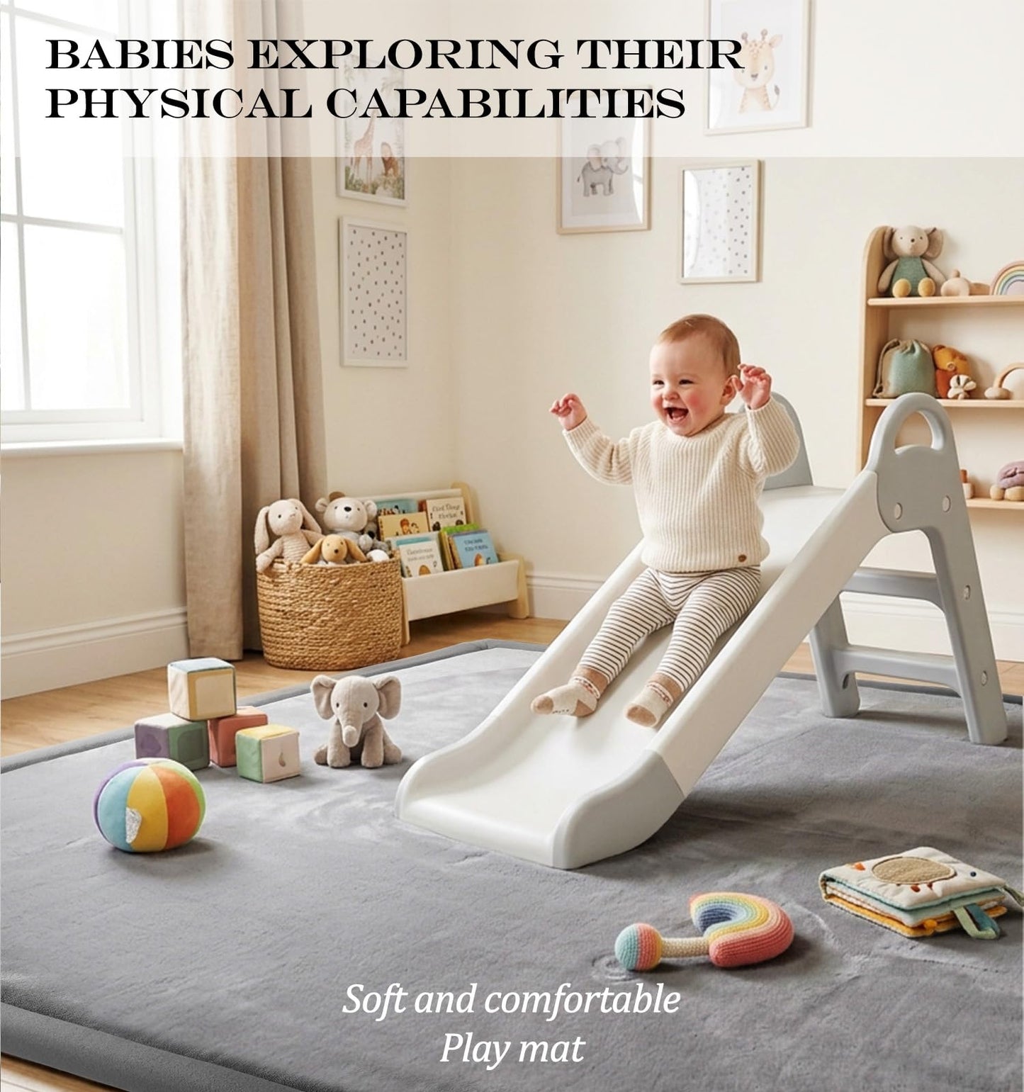 AEOCOO Baby Play Mat for Floor Cushion, 1.3" Thick Memory Foam Tummy Time Mat, Soft Velvet Non Slip, Toddlers Baby Kids Extra Large Nursery Rug for Crawling, Living Room, Tatami Style, Grey