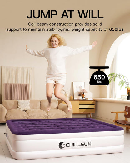 CHILLSUN Queen Air Mattress With Built in Pump, 18" Raised Upgraded Inflatable Mattress Blow up Mattress, Strong Support Puncture Resistant Air Bed for Camping Home&Guests, Colchon Inflable 650lbs Max