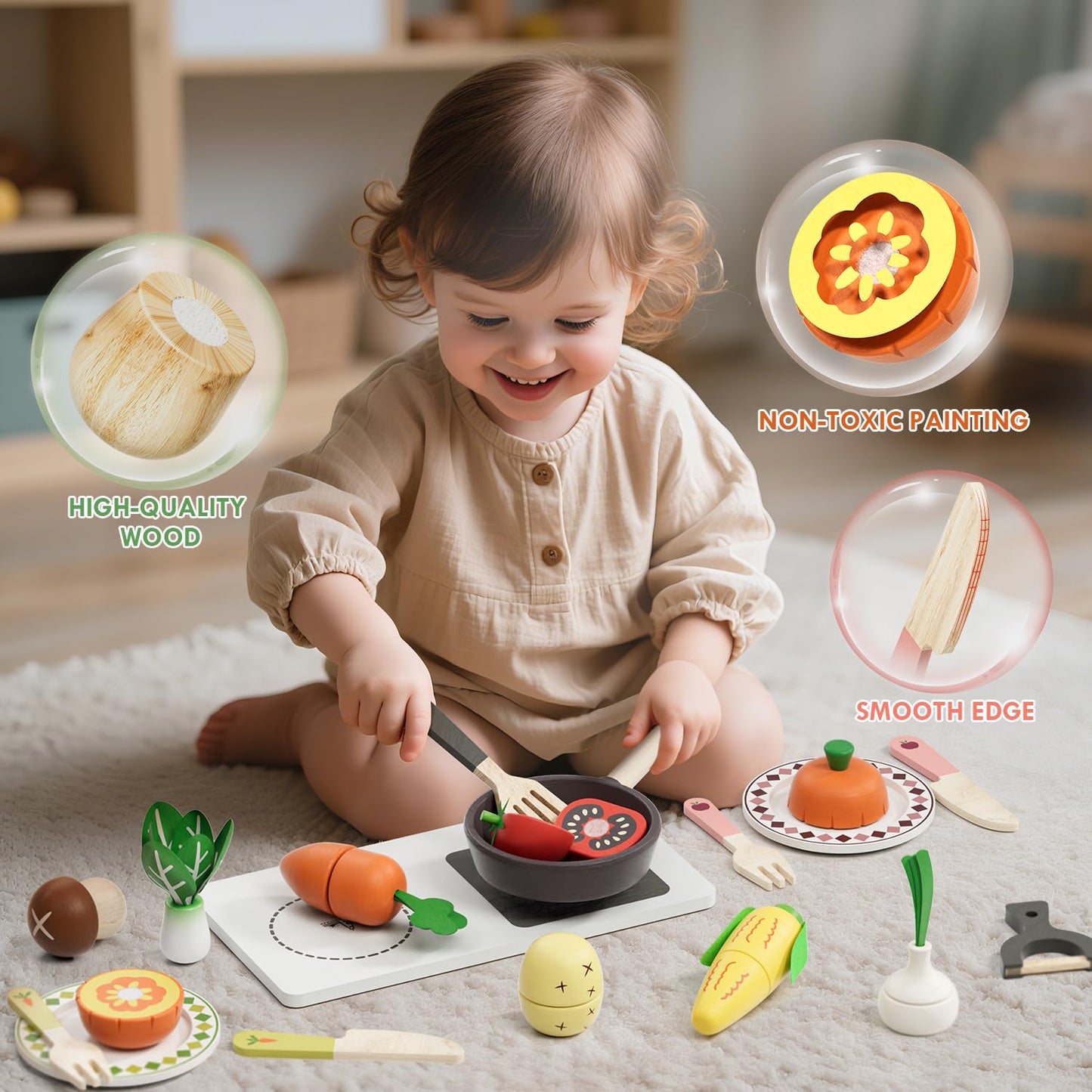 Wooden Play Food Sets for Kids Kitchen, Farm to Table Play Kitchen Accessories, Cooking Set for Kids 3-5, Pretend Cutting Food Toys Girls & Boys