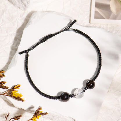 AuraKnots Protection Bracelet, Crystal Bracelets with Genuine Gemstones for Aura Protection & Grounding, Hand-Knotted with Smoky Quartz, White Azeztulite & Silver Obsidian, Adjustable for Women & Men