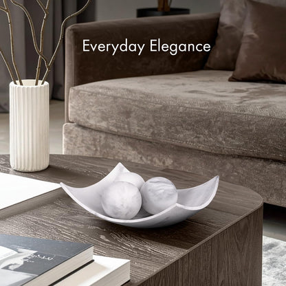 Creative Scents White Marble Look Decorative Bowl with matching Set of 3 Balls (2.75”) for Coffee Table Centerpiece, Dining Table, Living Room