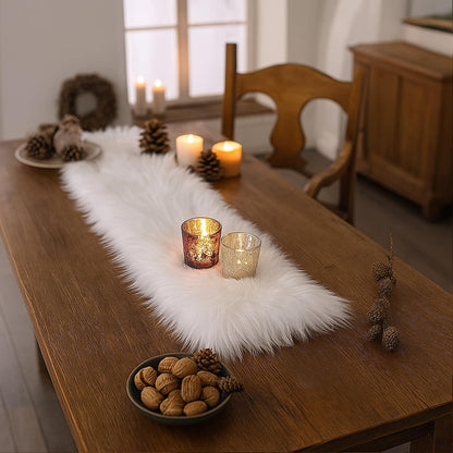 Table Runner, Thanksgiving Modern Small White Fur Table Runners for Party Birthday Christmas Friendsgiving Wedding Dinning Table, Decorative Rug Luxury Faux Fur Runner for Table(11.8x31.5inch)