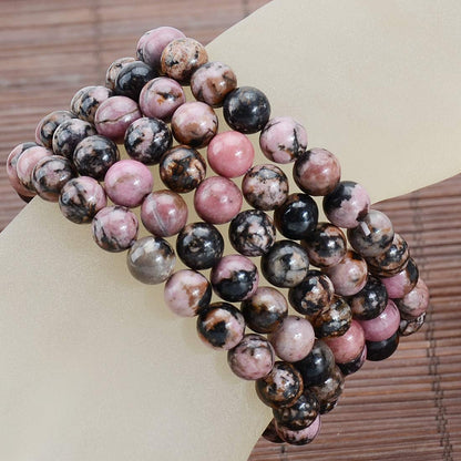 MASSIVE BEADS Pink Black Rhodonite - Stone of Fortune - Handmade Yoga Stretch Elastic Bracelet Natural Stone Crystal Healing Power Energy Gifts for Unisex Adult 8mm
