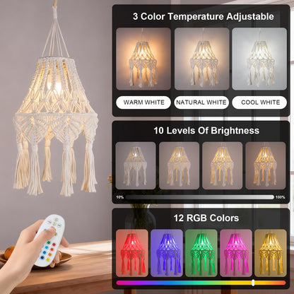 AVAMERY Boho Chic Macrame Pendant Lights with Tassels, Remote Control Dimmable Timer Rechargeable Battery Operated Hanging Lamp, Cotton Rope Wall Decor for Bedroom Living Room