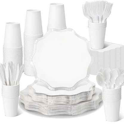 Ziliny 350 Pcs Cute White Party Supplies, 50 Guests Disposable Paper Plates Paper Cups Cutlery Napkins Dinnerware Set for Wedding, Birthday, Baby Shower, Outdoor (scallop Wave 1, White)