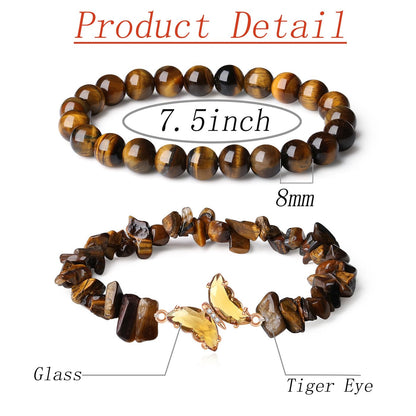 DUQGUHO 2Pcs Butterfly Bracelets for Women, Tigers Eye Bracelets, Healing Crystal Bracelet, Natural Tiger Eye Crystal Jewelry, 8mm Brown Beaded Bracelet, Gifts for Women