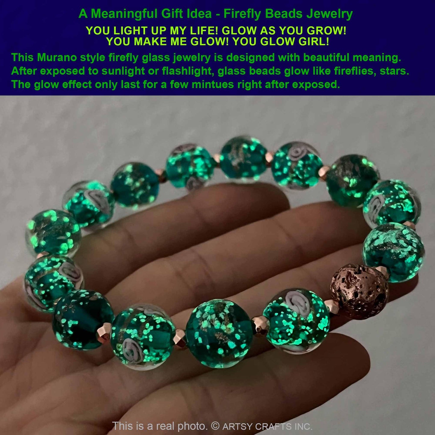 ARTSY Crafts Glow in The Dark Firefly Beads Bracelets, Ocean Blue Luminous Murano Glass Beads Jewelry Mermaid Crystals Healing Inspirational Bracelet Bangle (Ocean Blue, Wrist 6-7 in)