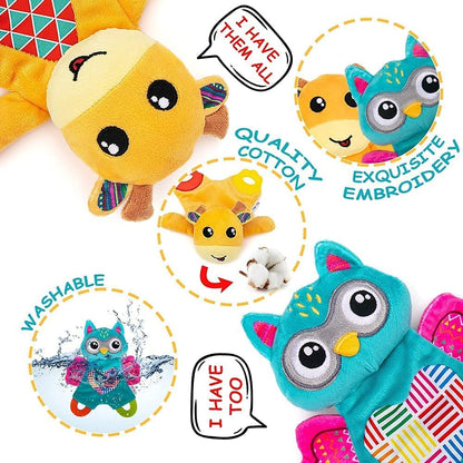 teytoy 2 Pcs Crinkle Toys for Baby with Teether, Baby Teething Sensory Toys Newborn Bib Saliva Soother Towel, Soft Snuggle Sleeping Security Blanket for Unisex Babies 0-36 Months Gifts(Owl and Deer)