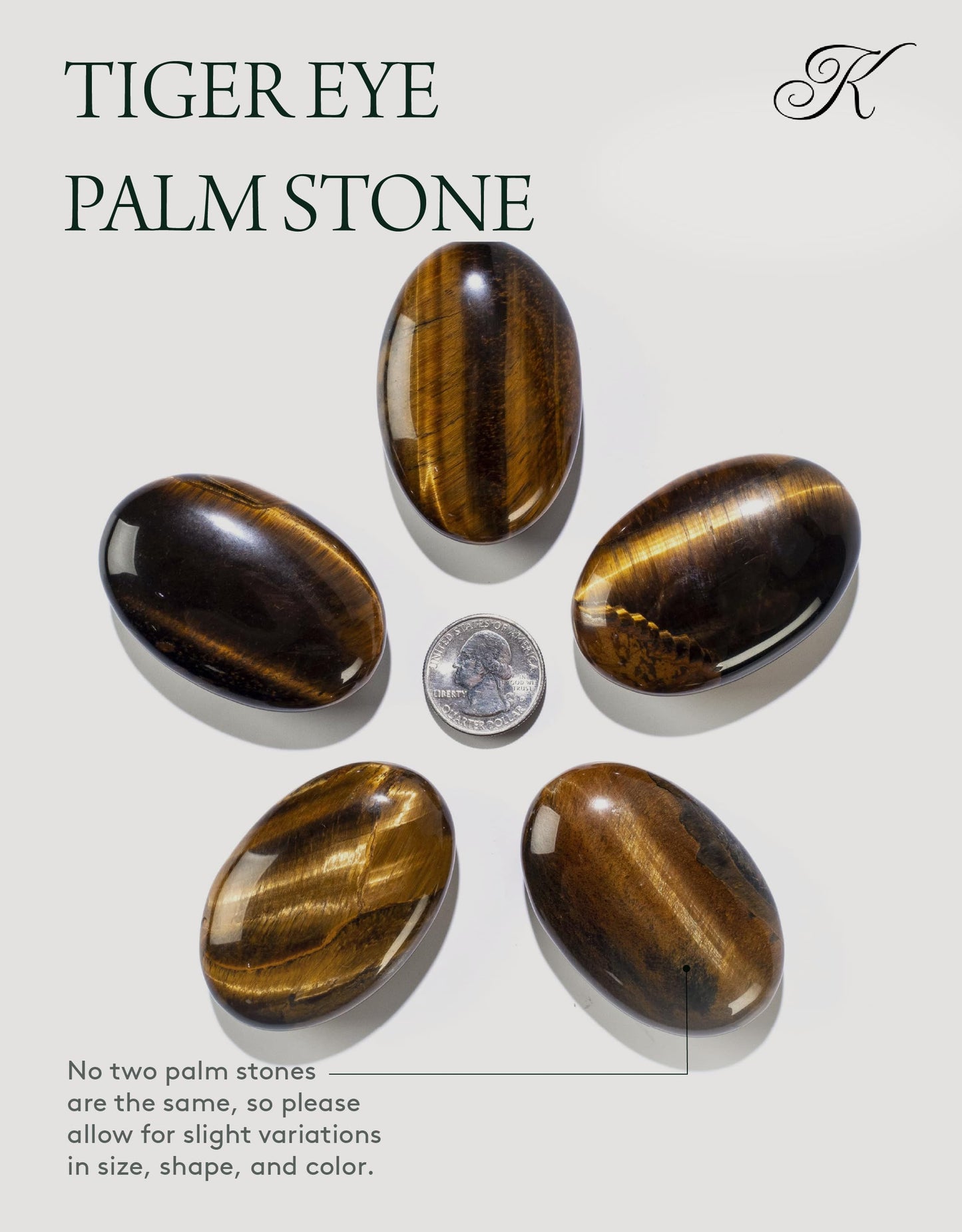 KALIFANO Tiger Eye Palm Stone with Healing & Calming Effects - High Energy Ojo De Tigre with Information Card - Reiki Worry Crystal Used for Willpower and Luck (Family Owned and Operated)
