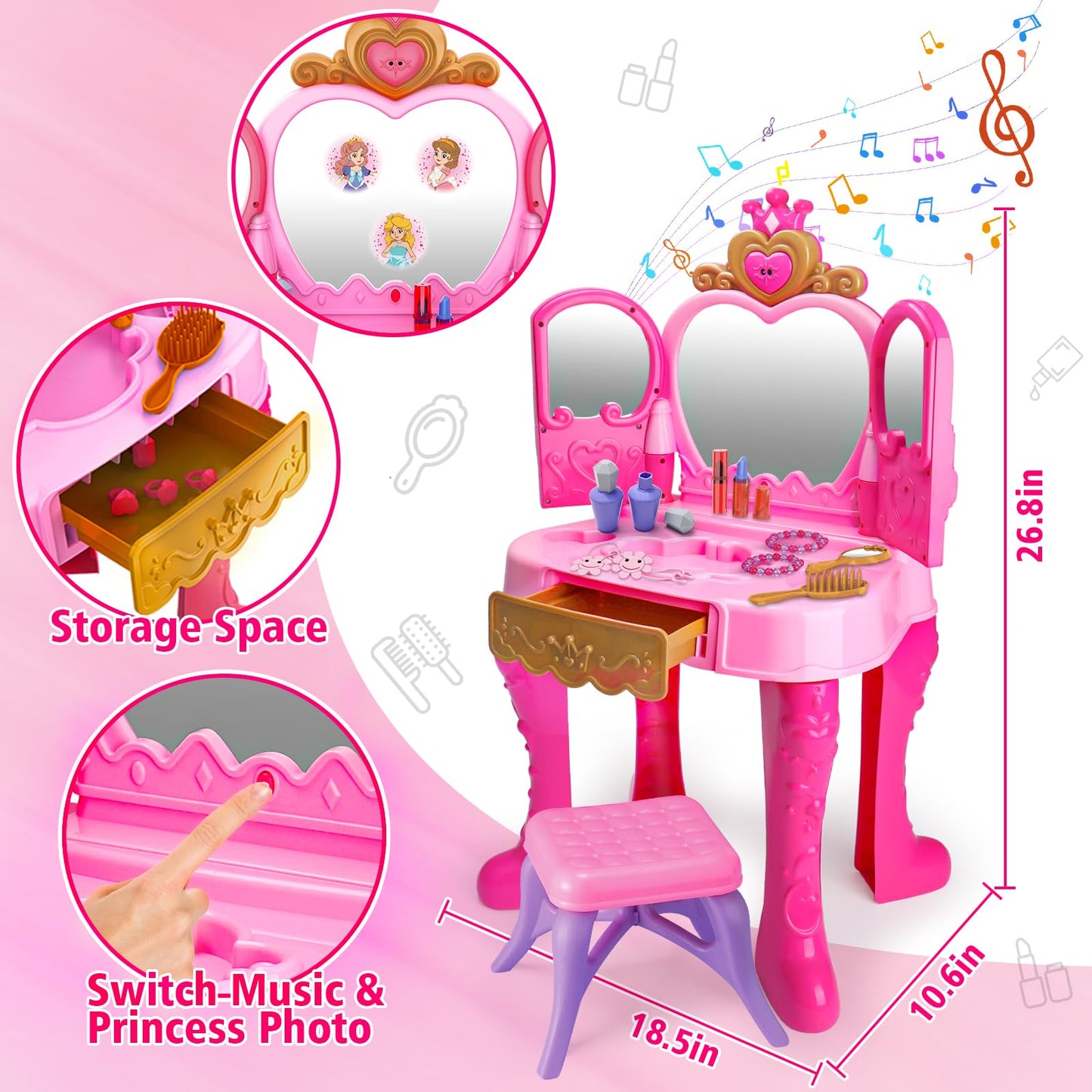 Toddler Vanity Magic Makeup Set Table & Chair Girl Toy Automatically Mirror with Music Light Pink Toys for 2 3 4 Year Old Girl Hair Salon Pretend Play Princess Dress Up Playset Valentine Gift Age 3-5