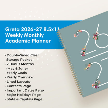 Blue Sky 2026-2027 Weekly and Monthly Academic Year Planner Calendar, July 2026 - June 2027, 8.5" x 11", Flexible Cover, Wirebound, Storage Pocket, Laminated Tabs, Greta