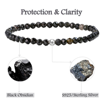 Farfume Black Obsidian - Protection & Clarity - Beaded Bracelets for Women,Handmade Natural Stone 4mm Beads 925 Sterling Silver Stretch Bracelets, Chakra Crystal Gemstone Jewelry Gifts for Mom