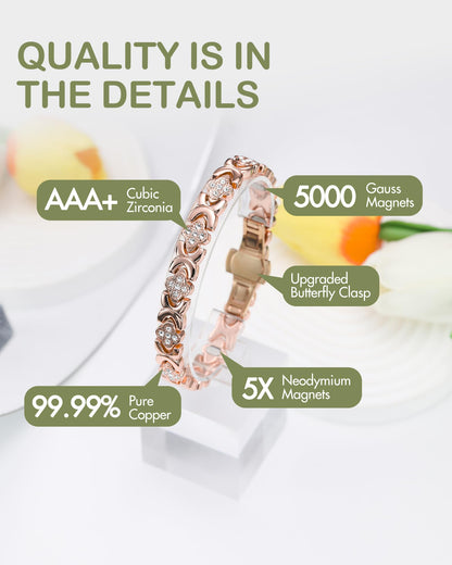 Feraco Pure Copper Bracelets for Women, 5X Ultra Strength Magnetic Bracelet with 5000 Gauss Magnets & Sparkling Cubic Zirconia, Upgraded Butterfly Clasp, Infinite Clover Jewelry Gift (Rose Gold)
