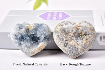 AMOYSTONE Heart Celestite Crystals Natural Healing Crystal Blue Geode Raw Celestite Clusters Large Crystal Stone for Reiki, Gifts, Decor with Plastic Stand 3.6"-4"