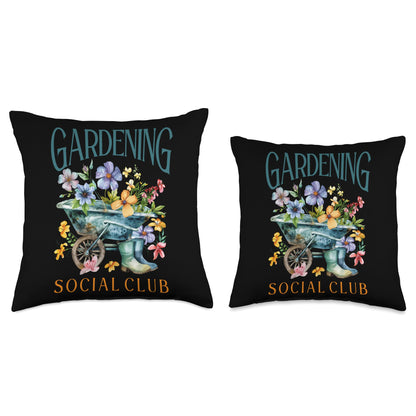 Gardening Social Club Colorful Flowers Wheelbarrow Throw Pillow