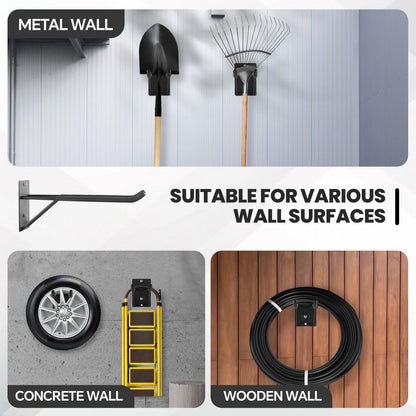 FancyEagle 14" Large Heavy Duty Garage Hooks, 4-Pack Steel Garage Storage Hooks with Support Rods, Utility Wall Mount Hangers for Power Tools, Car Tires, Ladders, Chairs, Garden Tools and More