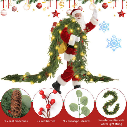 9FT Garland with 7 Modes LED Light, 9 True Pinecones&Red Cones&Eucalyptus Leaves, Norfolk Pine Garlands for Festivals Day, Wall, Indoor, Outdoor Holiday Winter Decorations