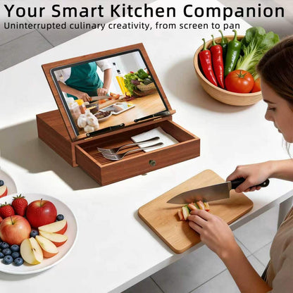 Book Stand with Storage, Book Holders for Reading Hands Free, Wooden Cookbook Stand with 4 Adjustable Height for Recipe,Magazine,Laptop,Tablet, Bible