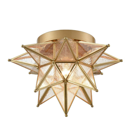 DAYCENT Brass Moravian Star Flush Mount Ceiling Light with Seeded Glass Shade Modern Gold Moroccan Star Ceiling Light Fixture for Hallway Bedroom Kitchen