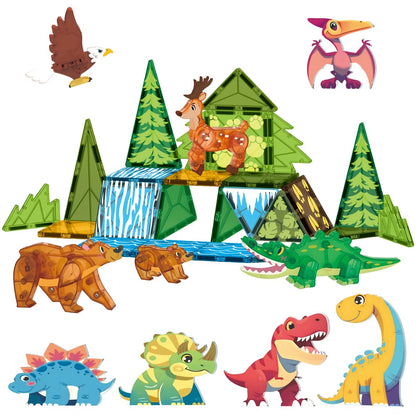 Givzan Magnetic Tiles Animals & Dinosaurs Toys, STEM Educational Building Blocks, Sensory Set 35 PCS for Toddlers Kids Ages 3-5 5-7, Boys Girls Birthday Gift Age 3+