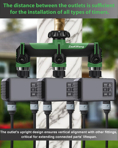 ZaakWang Garden Hose Splitter, 3 Way Hose Splitter, Heavy Duty Water Hose Bib Spigot Splitter, Outdoor Faucet Splitter with Shutoff Valve, T Adapter Connector with 3/4 - Inch GHT Thread (Green)