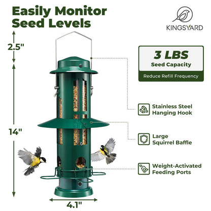 Kingsyard Squirrel Proof Bird Feeders with Weight-Activated Perches, Metal Wild Bird Feeder for Outdoors Hanging, 3 lb Large Seed Capacity, Green