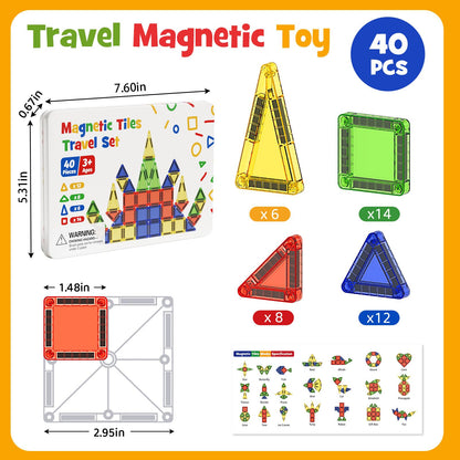 Mini Magnetic Tiles for Kids Travel - 40pcs STEM Building Blocks with Visual Storage Guide & Metal Box Play Base, Toddler Airplane Activities Toys for Ages 3-5,4-8, Compact Travel Toys