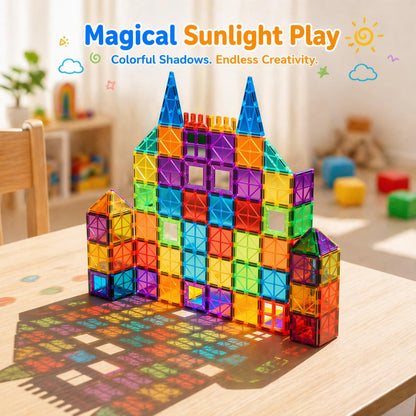 AFUNX Magnetic Tiles,102PCS Magnetic Building Blocks 3D Clear Construction Playboards, Inspiration, Creativity Beyond Imagination, Educational Magnet Toy Set for Kids with 2 Cars