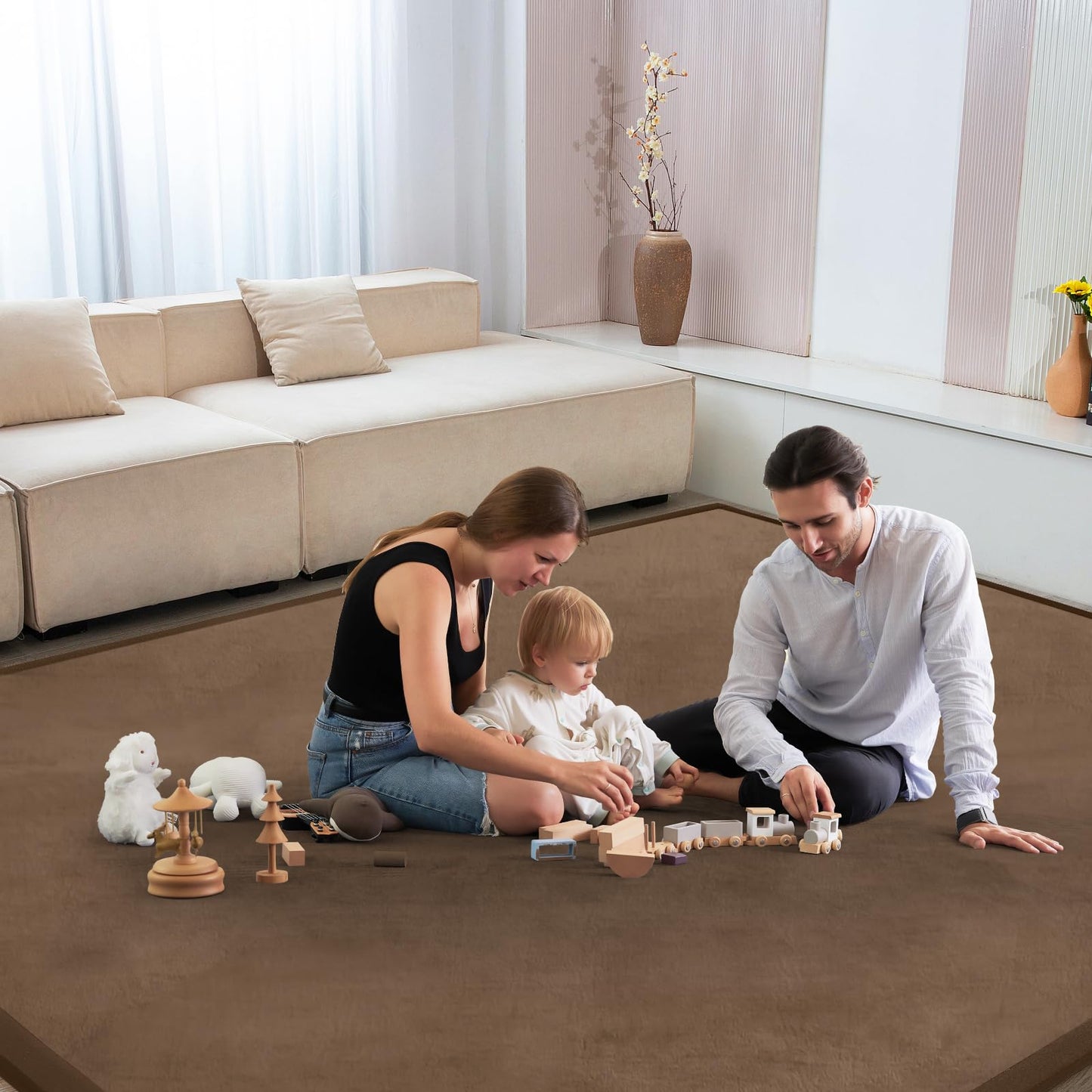 ILPEOD Baby Play Mat for Floor Nursery Rug Muscle Mat Area Rug Playroom Rug 79"x110" Playpen Mat Memory Foam 1.3" Thick Crawling Mat for Babies,Toddlers, Infants, Kids,Chestnut