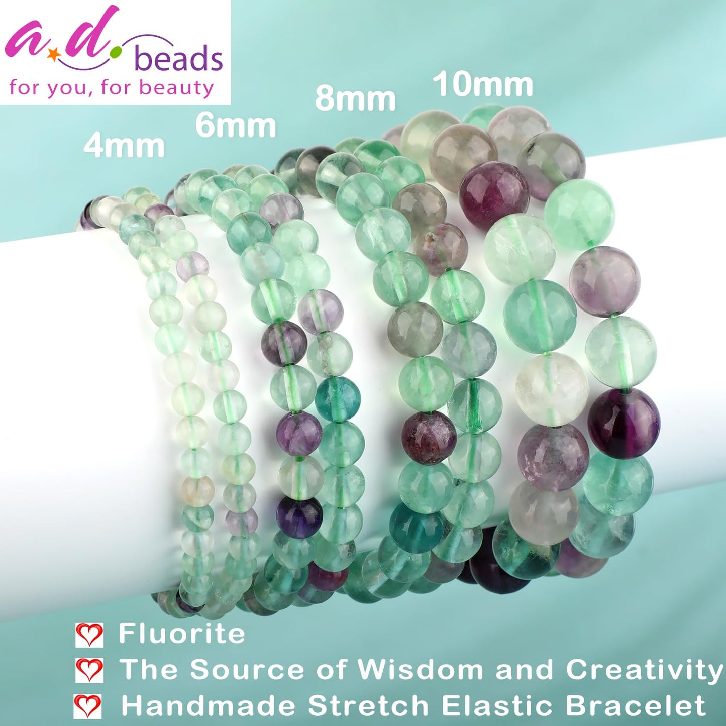 AD Beads 4mm Handmade Fluorite Elastic Bracelet – Natural Gemstone for Is the source of Wisdom and Creativity – Meditation, Yoga, Healing and Energy Gift for Men Women