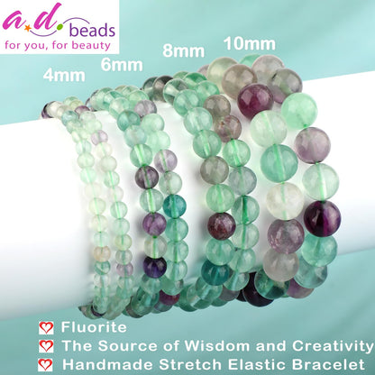AD Beads 4mm Handmade Fluorite Elastic Bracelet – Natural Gemstone for Is the source of Wisdom and Creativity – Meditation, Yoga, Healing and Energy Gift for Men Women