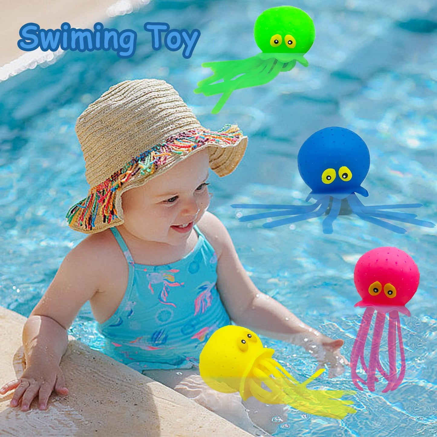 Octopus Water Balls, Pack of 4 Pool Floating Toys Baby Bath Toys Squishy Sensory Stress Relief Toys, Cute Goodie Bag Fillers for for Kids Boys and Girls, Pink, Blue, Green and Yellow