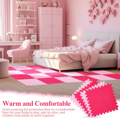 Ceenna 60 Pieces Plush Puzzle Foam Floor Mat Square Interlocking Carpet Tiles with Fluffy Play Mat Floor Tiles Soft Climbing Area Rugs for Living Room Floor Gym Area(Pink, Rose Red)
