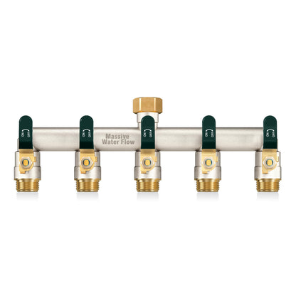 5 Way Hose Splitter, Heavy Duty Full Flow Garden Hose Splitter with 4 Large Metal Handles, Brass Water Hose Bib Splitter, T Adapter Connector with 3/4 - Inch GHT Thread (Green)