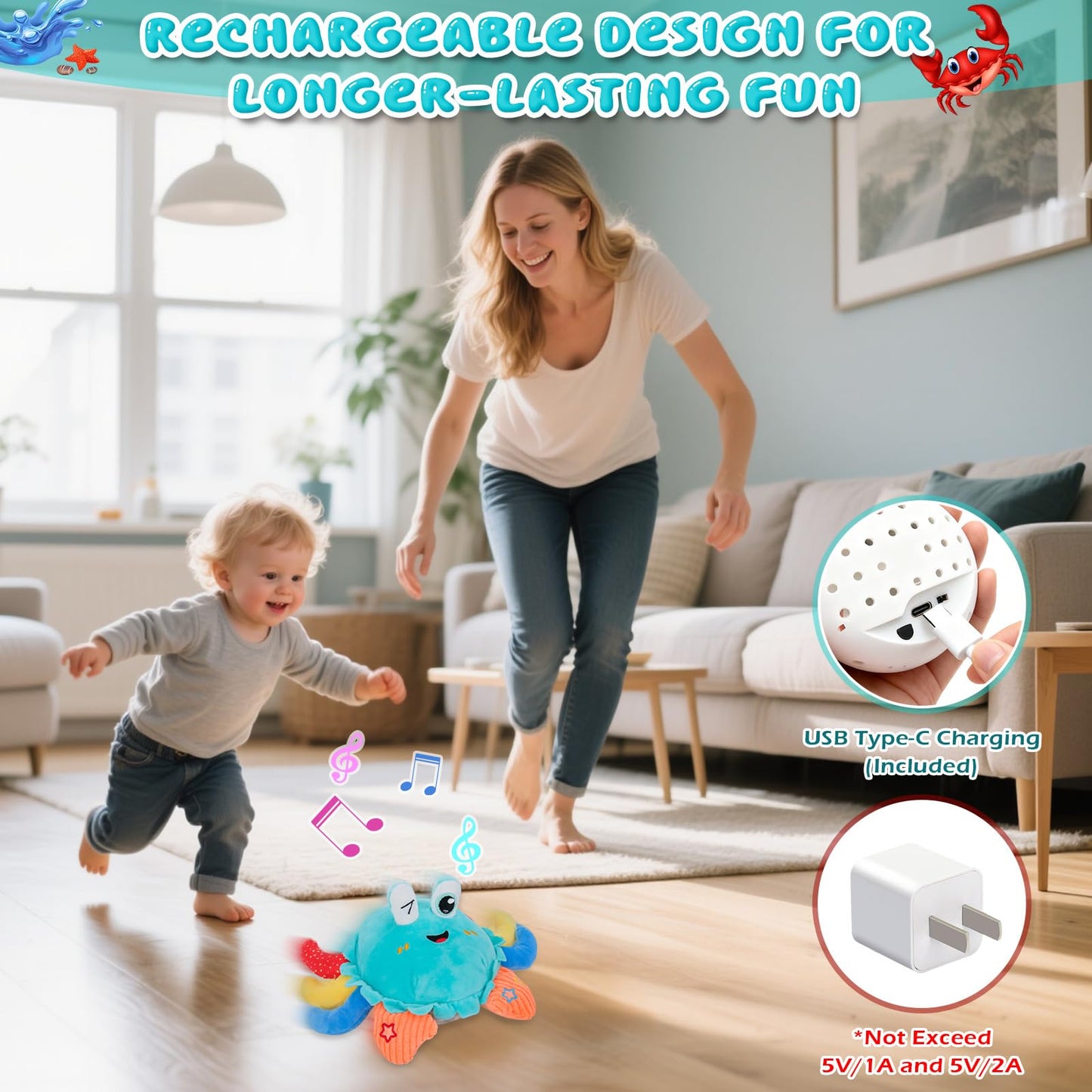 Kleikyerel Baby Toys 1 Year Old 6-12 Months, Crawling Crab Baby Plush Toy, Musical Tummy Time Toys, Dancing Moving Bouncing Recording Sensory Toys for 1 2 3 Year Old Boy Girl Gifts