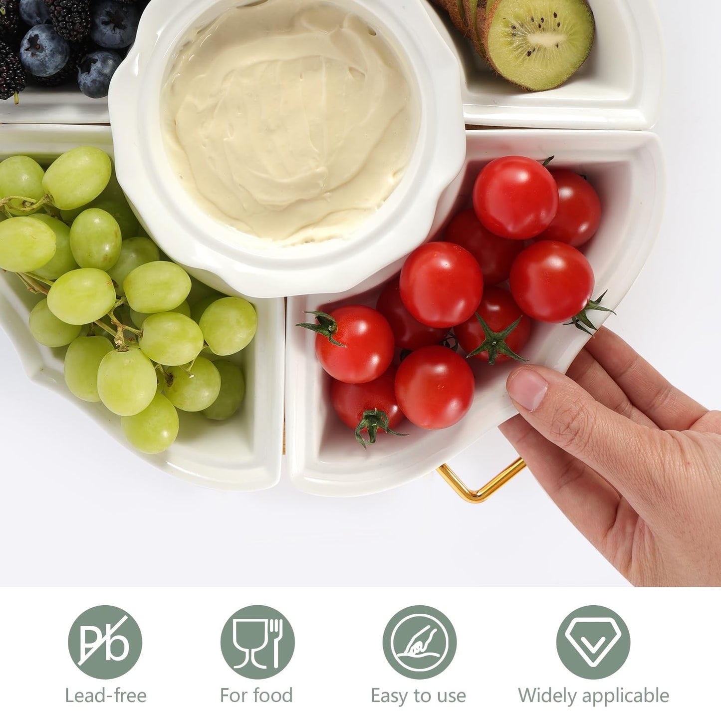 PLAPITATE Party Serving Trays and Platters, Ceramic Lazy Susan Serving Tray with Divided Sections Appetizer Rotating Serving Tray for Fruits, Veggies, Chips and Dip Serving Set